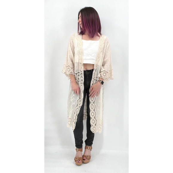 Kimono Womens Ivory One Size Cotton and Crochet Coverup Duster Cream Embroidered - Picture 1 of 13
